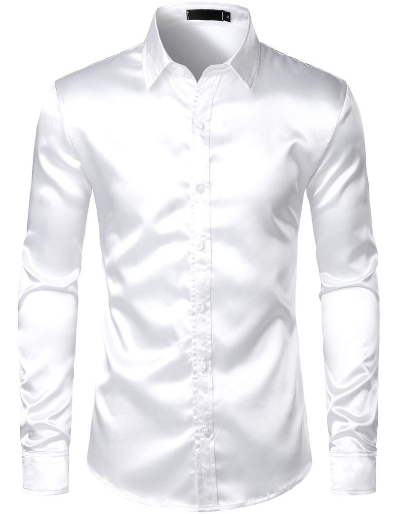 ZEROYAA Men's Luxury Shiny Silk Like Satin Button Up Dress Shirts ZLCL14-White Large - Image 2